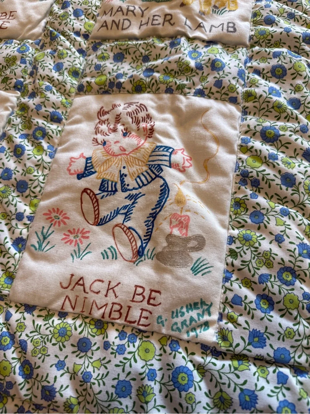 Vintage 1970’s Handmade & Hand Painted  Patchwork Quilt in Cream, Green, & Blue